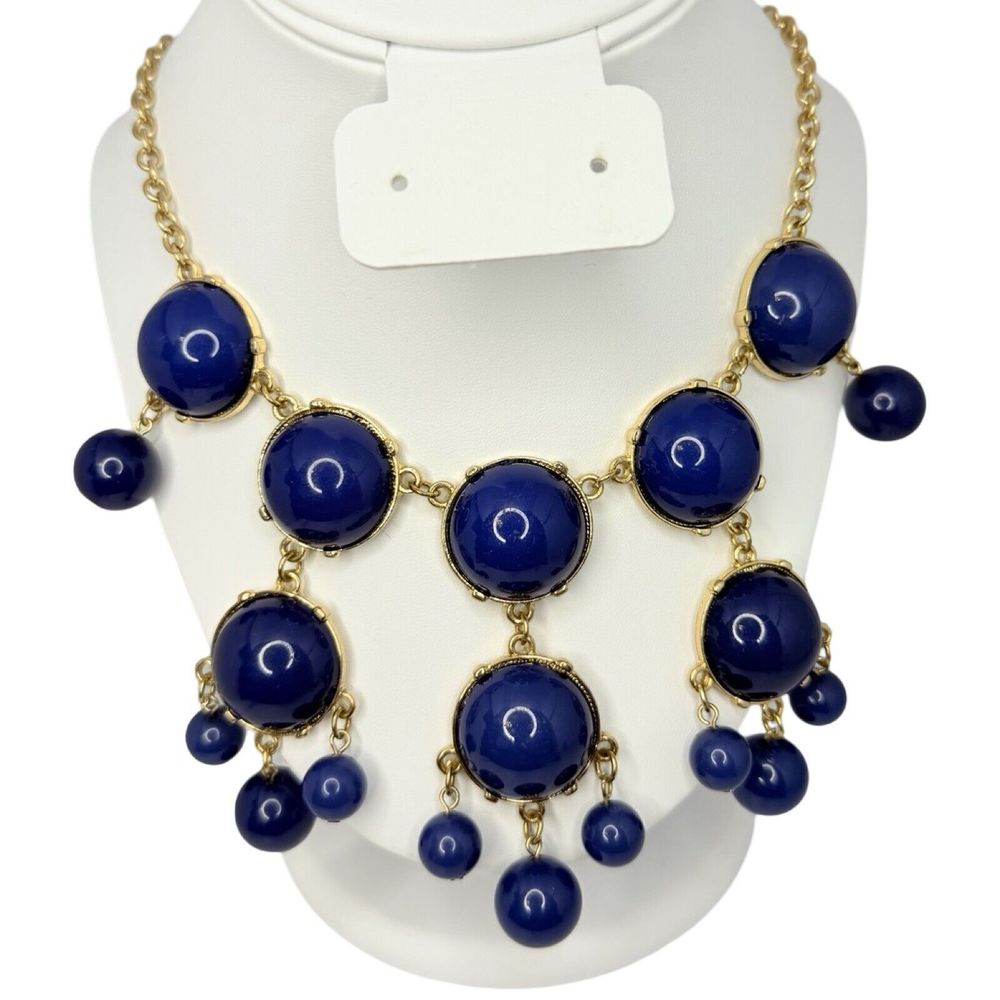 Navy Blue Cabochon Chandelier Statement Necklace 22” Bubbles Runway Gold Tone